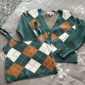Willow & Root Women's Argyle Cardigan and Tank Set - Teal, White, and Brown